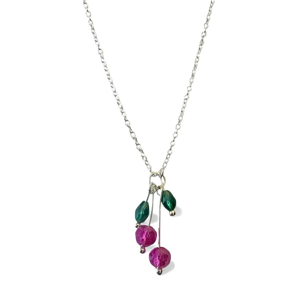 Pink and Green Crystal Beaded Cherry Pendant on a 925 Stamped Chain - Picture 2 of 4